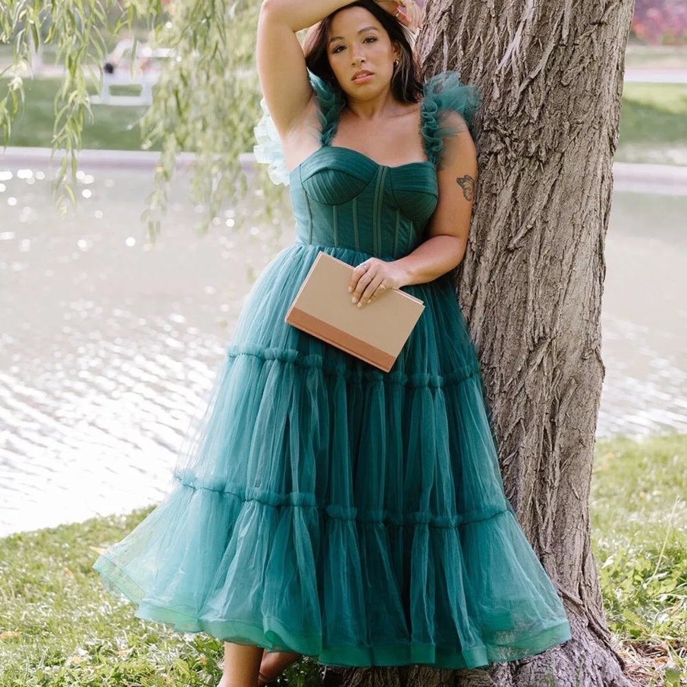 Ava Gowns tiered chiffon corset party dress bridesmaid prom homecoming green L - Picture 2 of 11